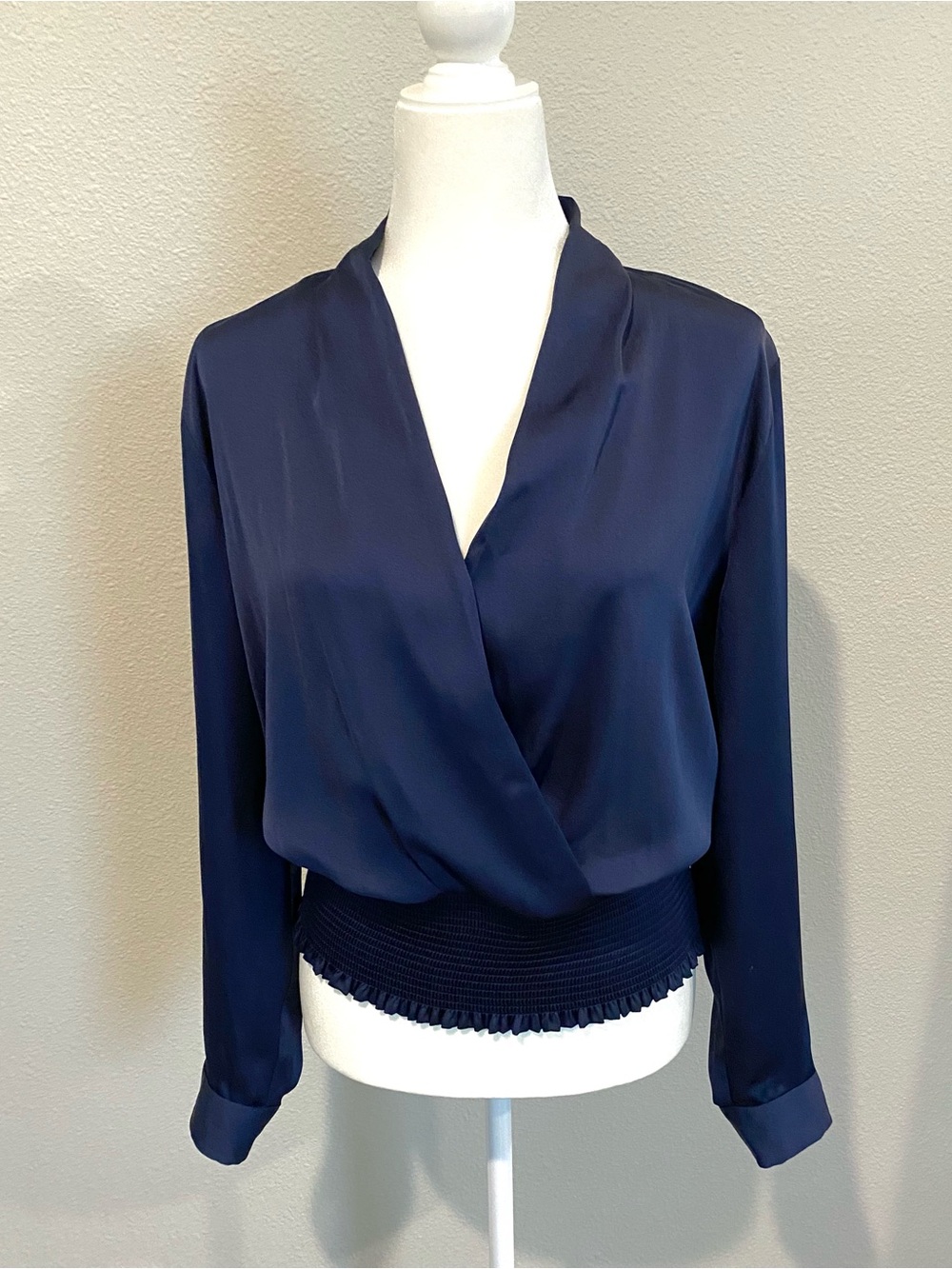 INC International Concepts Navy Wrap-Front Blouse with Smocked Hem